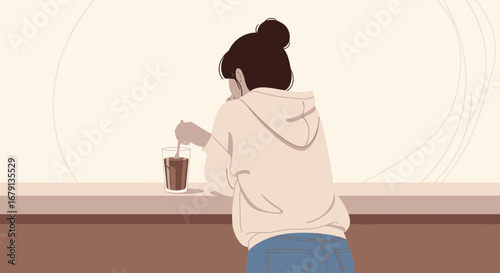 Woman Preparing Beverage While Contemplating Near a Window In Minimalist Style