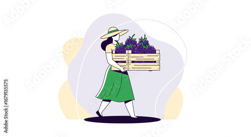 Woman Harvesting Grapes Carrying A Wooden Crate: Vector Illustration of Vineyard Work