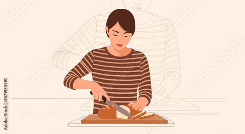 Woman Preparing Bread With Knife In Kitchen, Cooking And Serving Illustration