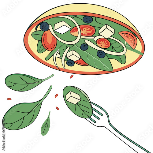 A delicious and healthy salad with spinach tomatoes blueberries onion and cheese on a fork