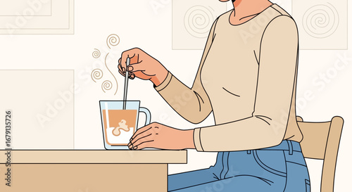 Woman Preparing Coffee, Stirring, Drink, Breakfast At Home, Relaxing And Enjoying