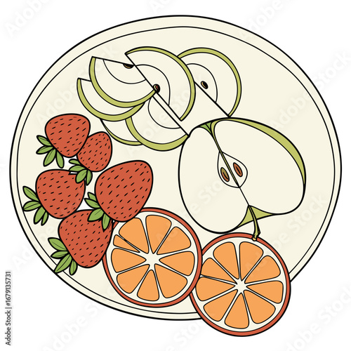 A delightful assortment of fresh strawberries sliced apples and vibrant orange segments arranged on a plate