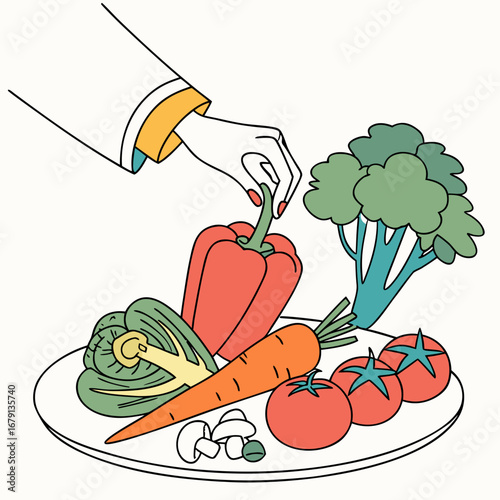 A hand in a chef s coat selects a red bell pepper from a platter of fresh vegetables
