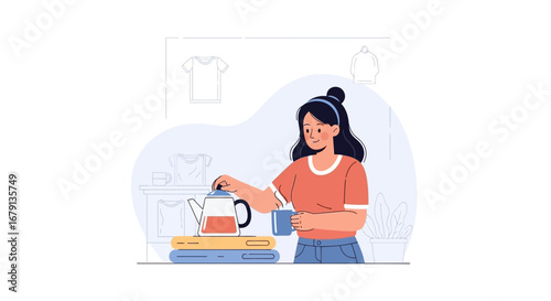 Woman Preparing Coffee, Domestic Task, Relaxing Moment, Day's Start, Casual Illustration