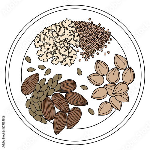 A top down illustration of a white bowl filled with various healthy seeds and nuts arranged in sections