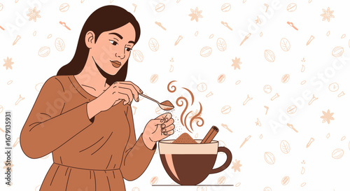 Woman Preparing Delicious Beverage For Hot Coffee Drink With Cinnamon Sticks