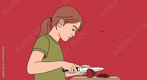 Woman Preparing Delicious Food Slicing Beets on a Wooden Cutting Board in Kitchen