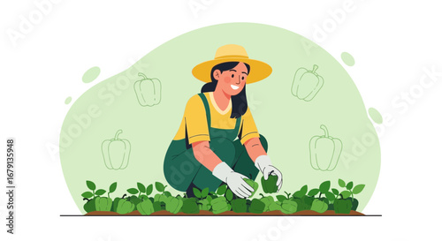 Woman Harvesting Sweet Peppers in a Garden, Agriculture And Farm Life Concept.