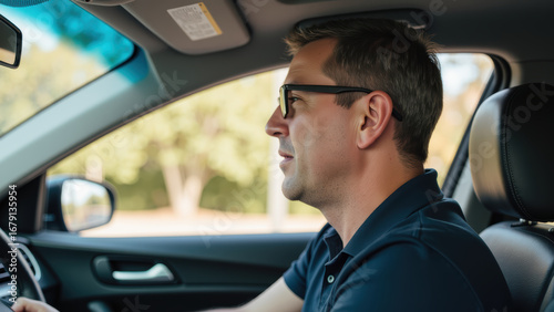Man driving car, focused on road ahead, wearing glasses, with calm expression. interior of vehicle is visible, showcasing modern design