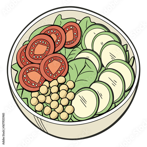 A vibrant and healthy salad bowl filled with fresh sliced tomatoes chickpeas cucumber slices and leafy greens