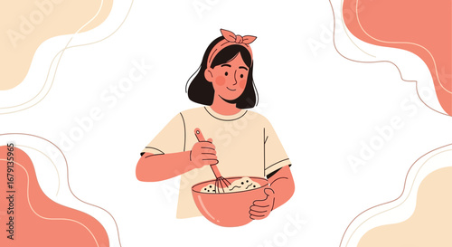 Woman Preparing Delicious Mix in Bowl with Spiraling Whisk, Kitchen Focused Concept