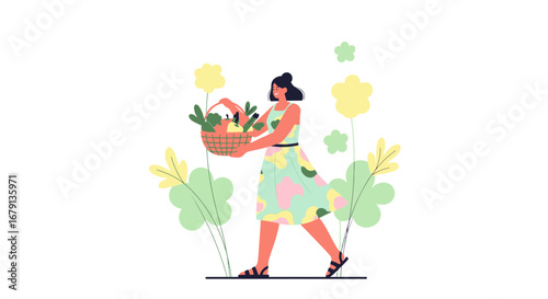 Woman Harvesting Vegetables in Her Basket Walking Through Flowers in The Garden