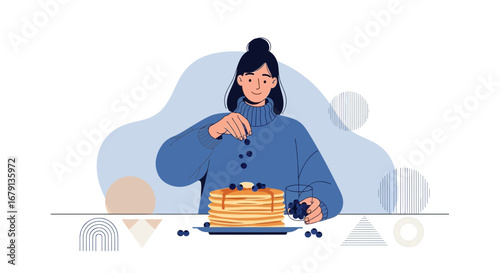 Woman Preparing Delicious Pancakes with Blueberries during a Leisurely Moments On Table