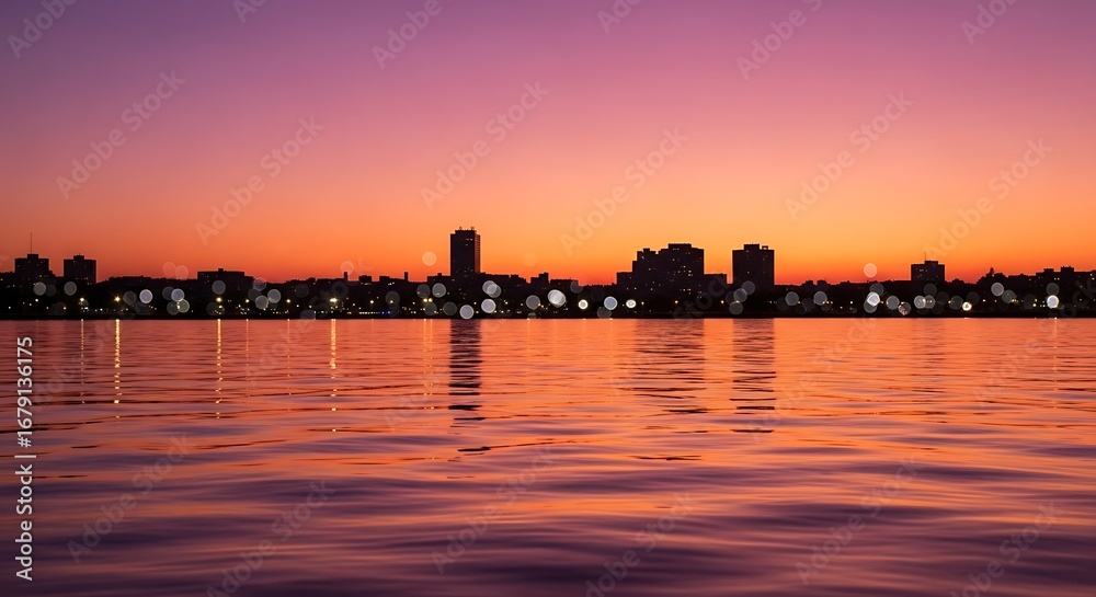 Fototapeta premium Vibrant sunset over city skyline reflected in calm water a serene evening ambiance