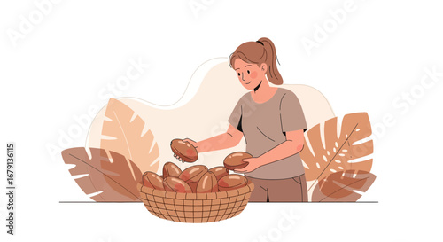 Woman Harvests Dates, Gathering Delicious Fruits in a Wicker Basket for a Bountiful Yield