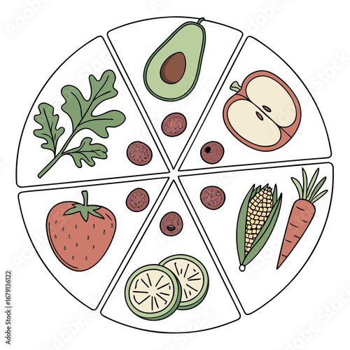 Circular arrangement of fresh fruits and vegetables in a pizza slice design with a healthy food concept