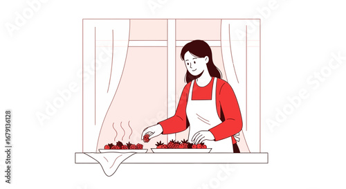 Woman Preparing Food in Bright Kitchen, Fresh Berries, and a Cozy Atmosphere