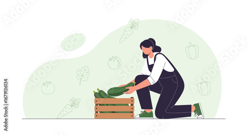 Woman Harvests Fresh Vegetables From Wooden Crates in Minimalistic Illustration