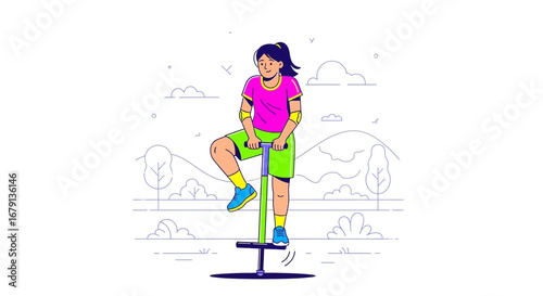 Woman Having Fun With Pogo Stick In The Park On A Beautiful Sunny Day Illustration