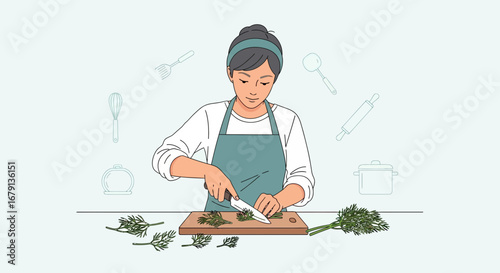 Woman Preparing Food Concept: Chopping Fresh Herbs in a Kitchen, Focusing on Culinary Arts