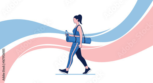 Woman Heading To Workout With Yoga Mat And Water Bottle In Peaceful Exercise Time