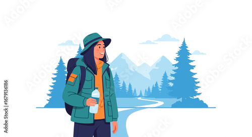 Woman Hiker in Nature Enjoying a Wonderful Mountain View with Clear Skies and Hiking Trail