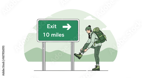 Woman Hiker Preparing To Continue Journey Near The Road Sign Destination