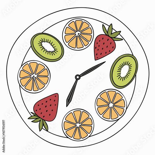 Creative clock face design featuring slices of oranges strawberries and kiwi fruit as time markers