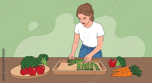 Woman Preparing Fresh Asparagus With Broccoli, Peppers And Carrots For A Healthy Meal
