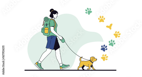 Woman Hikes With Her Dog, Enjoying Outdoors With Colorful Paw Prints Trail