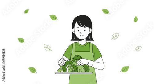 Woman Preparing Fresh Broccoli Vegetables on a White Background Illustration
