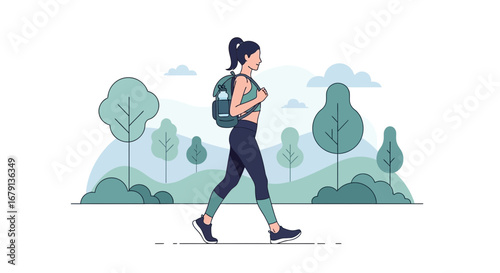 Woman Hiking in the Park: Vector Illustration of Recreation, Fitness, and Wellbeing
