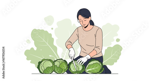 Woman Preparing Fresh Cabbage, Depicting Gardening and Culinary Activities Clearly