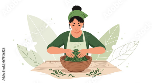 Woman Preparing Fresh Herbs In A Wooden Bowl For Culinary Purposes Skillfully