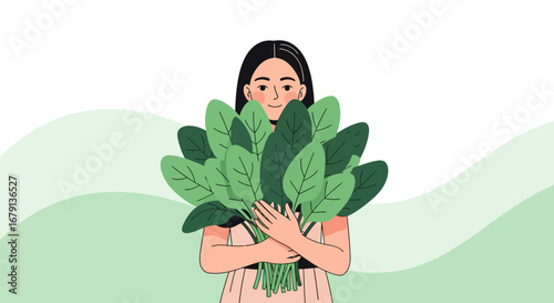 Woman Holding a Bouquet of Fresh Green Spinach, Smiling, Healthy Eating Concept