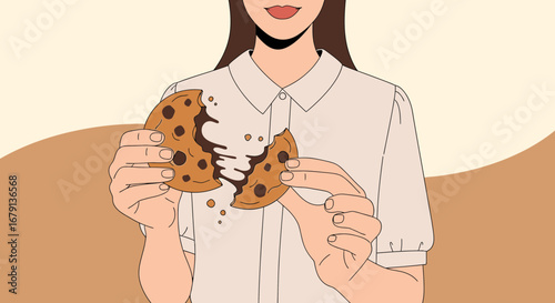 Woman Holding a Broken Cookie, Showing Texture and Freshly Baked Chocolate Chip