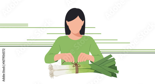 Woman Preparing Fresh Leeks with Delicate Tie on a Clean Background