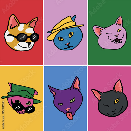 Funny Colorful Cat Faces Collection