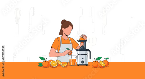 Woman Preparing Fresh Orange Juice Illustration With Fruits and Modern Juicer