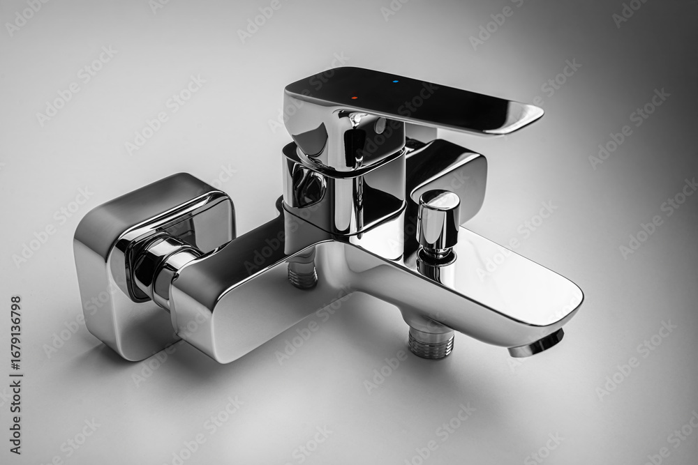 Naklejka premium A modern polished chrome bathroom faucet with a single lever handle and a diverter knob on a light gray background.