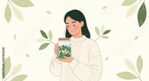 Woman Holding a Jar With Leaves, Embracing Natural Elements and Freshness in an Illustration