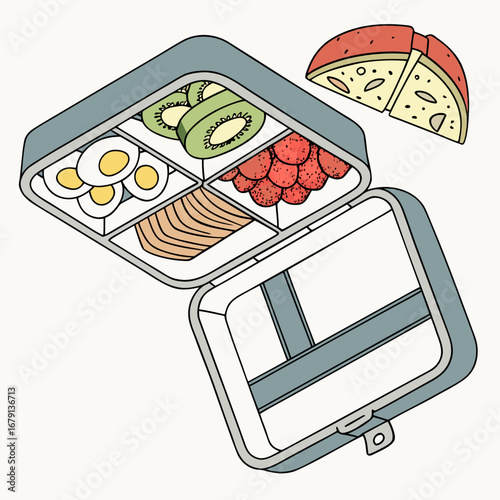 Healthy and balanced lunchbox with sliced kiwi fruit boiled eggs sliced ham strawberries and cheese