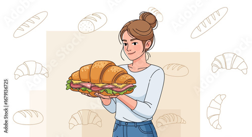 Woman Holding a Large Croissant Sandwich with Various Bakery Food Illustrations