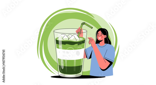 Woman Holding A Matcha Drink In A Tall Glass With Abstract Green Background