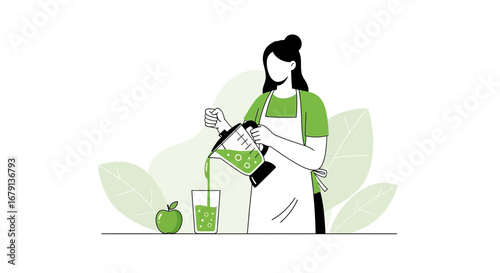 Woman Preparing Fresh Smoothie, Healthy Lifestyle Conceptual Illustration. Flat Design.
