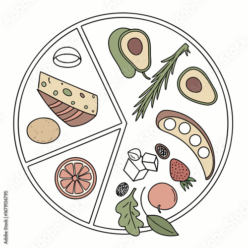 Healthy balanced meal plate divided into sections with various foods and ingredients for nutrition