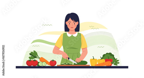 Woman Preparing Fresh Vegetables In The Kitchen For Delicious And Healthy Meal, Cooking Routine
