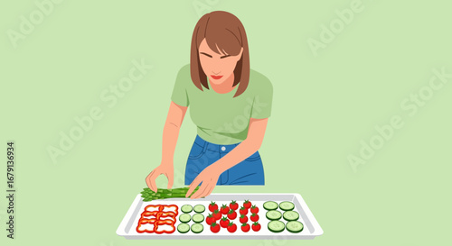 Woman preparing fresh vegetables on a tray for a healthy salad or a meal