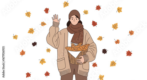 Woman Holding Basket of Croissants Waving in a Gentle Autumnal Atmosphere