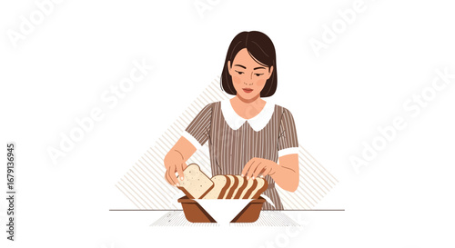 Woman Preparing Freshly Baked Bread Slices In A Basket For Enjoyment Mealtime